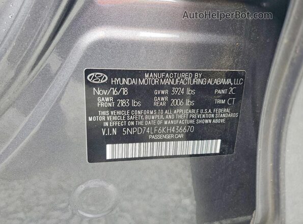 5NPD74LF6KH436670 2019 HYUNDAI ELANTRA Gray Engine compartment view