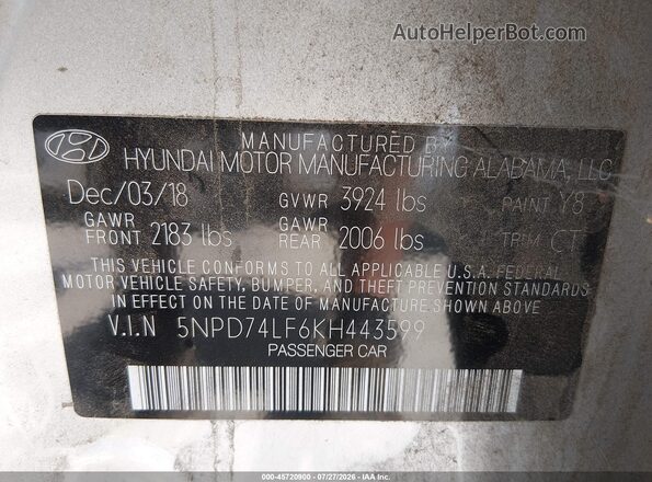 5NPD74LF6KH443599 2019 HYUNDAI ELANTRA Silver Widok komory silnika