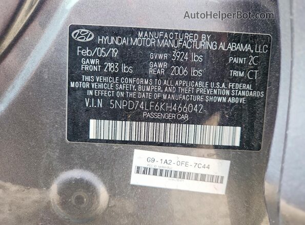 5NPD74LF6KH466042 2019 HYUNDAI ELANTRA Gray ძრავის განყოფილების ხედი