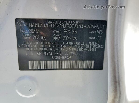 5NPD74LF6KH471225 2019 HYUNDAI ELANTRA White ძრავის განყოფილების ხედი