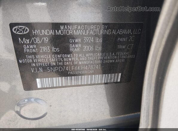 5NPD74LF6KH478241 2019 HYUNDAI ELANTRA Gray Вид підкапотного простору