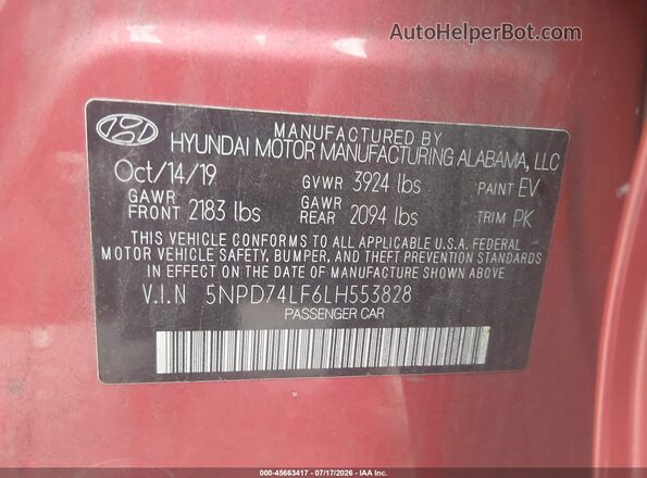 5NPD74LF6LH553828 2020 HYUNDAI ELANTRA Red Vista del compartimento del motor