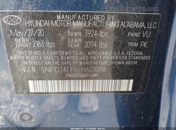 5NPD74LF6LH601098 2020 HYUNDAI ELANTRA Синий Вид подкапотного пространства
