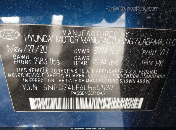 5NPD74LF6LH601120 2020 HYUNDAI ELANTRA Blue ძრავის განყოფილების ხედი