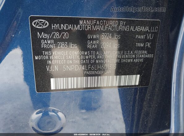 5NPD74LF6LH601313 2020 HYUNDAI ELANTRA Dark Blue Engine compartment view