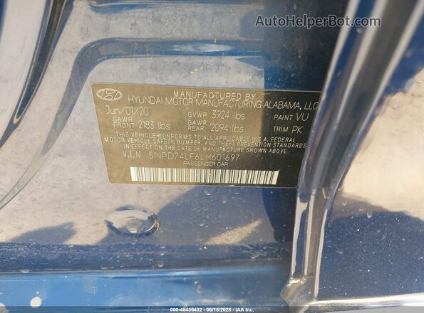 5NPD74LF6LH601697 2020 HYUNDAI ELANTRA Синий Вид подкапотного пространства