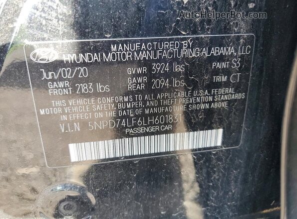 5NPD74LF6LH601831 2020 HYUNDAI ELANTRA Black Engine compartment view