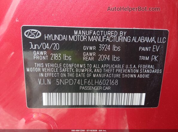 5NPD74LF6LH602168 2020 HYUNDAI ELANTRA Red Вид підкапотного простору