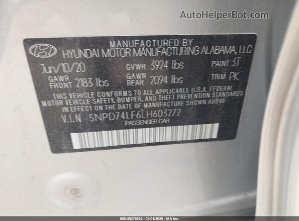5NPD74LF6LH603272 2020 HYUNDAI ELANTRA Silver Engine compartment view