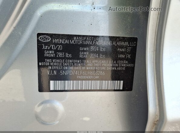 5NPD74LF6LH603286 2020 HYUNDAI ELANTRA Серебряный Вид подкапотного пространства