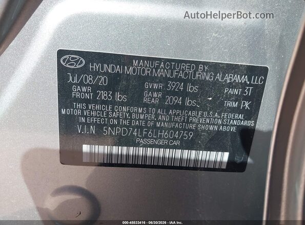 5NPD74LF6LH604759 2020 HYUNDAI ELANTRA Серый Вид подкапотного пространства