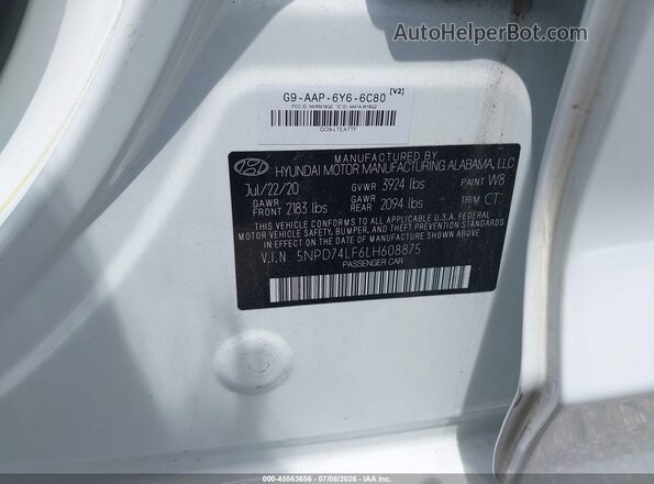 5NPD74LF6LH608875 2020 HYUNDAI ELANTRA White Vista del compartimento del motor