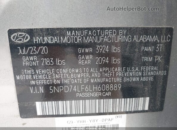 5NPD74LF6LH608889 2020 HYUNDAI ELANTRA Silver ძრავის განყოფილების ხედი