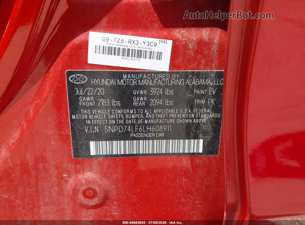 5NPD74LF6LH608911 2020 HYUNDAI ELANTRA Red ძრავის განყოფილების ხედი