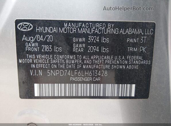 5NPD74LF6LH613428 2020 HYUNDAI ELANTRA Silver ძრავის განყოფილების ხედი