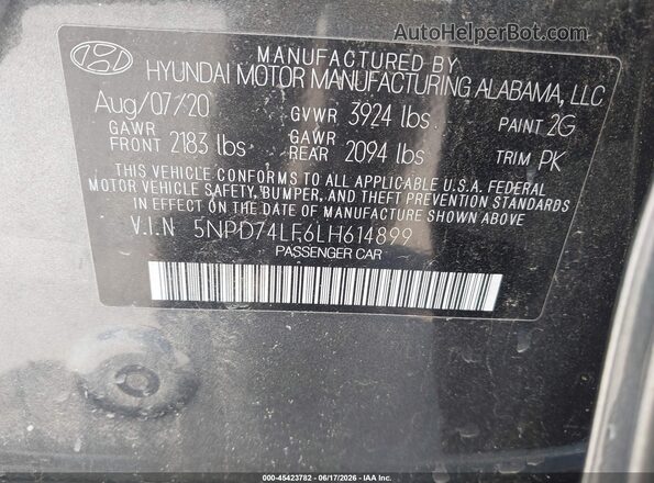 5NPD74LF6LH614899 2020 HYUNDAI ELANTRA Gray ძრავის განყოფილების ხედი