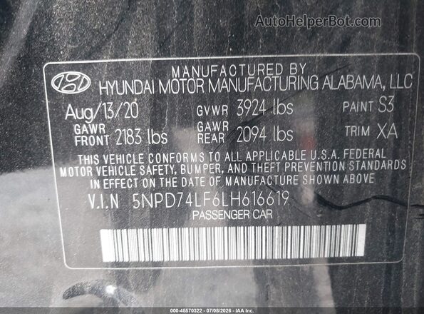 5NPD74LF6LH616619 2020 HYUNDAI ELANTRA Black ძრავის განყოფილების ხედი