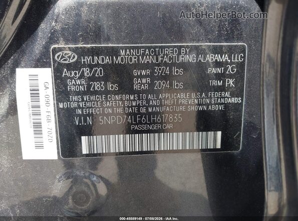 5NPD74LF6LH617835 2020 HYUNDAI ELANTRA Gray ძრავის განყოფილების ხედი