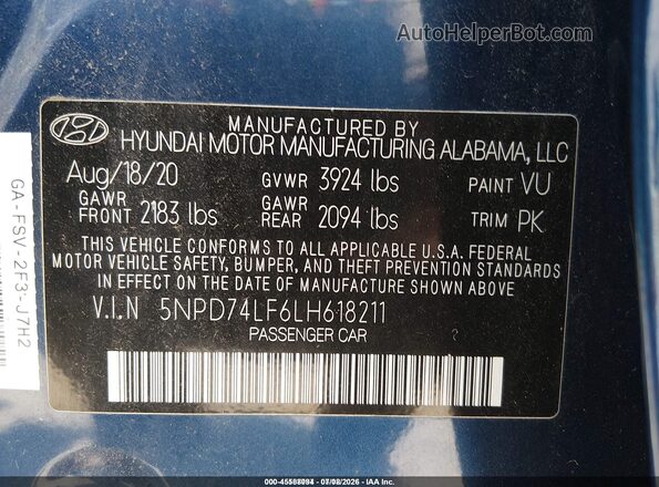 5NPD74LF6LH618211 2020 HYUNDAI ELANTRA Blue Engine compartment view