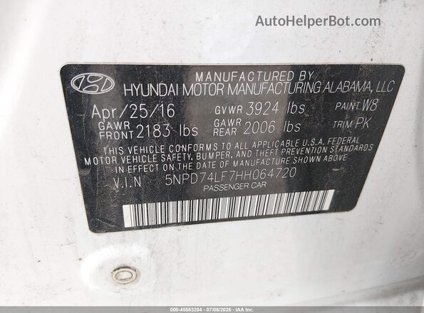 5NPD74LF7HH064720 2017 HYUNDAI ELANTRA White Вид підкапотного простору