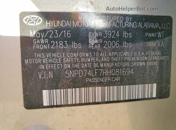 5NPD74LF7HH081694 2017 HYUNDAI ELANTRA Gray Вид наклейки з VIN-кодом