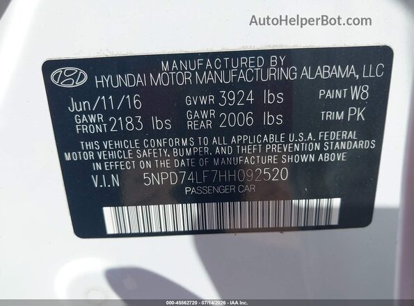 5NPD74LF7HH092520 2017 HYUNDAI ELANTRA White Widok komory silnika