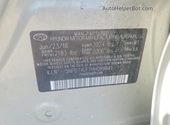 5NPD74LF7HH099841 2017 HYUNDAI ELANTRA Silver Vista de la etiqueta del VIN