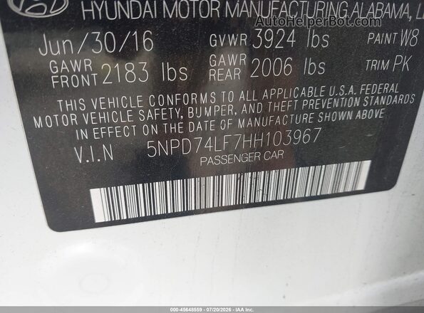 5NPD74LF7HH103967 2017 HYUNDAI ELANTRA White Вид підкапотного простору