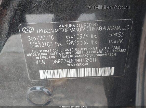 5NPD74LF7HH135611 2017 HYUNDAI ELANTRA Black Շարժիչի բաժամունքի տեսք