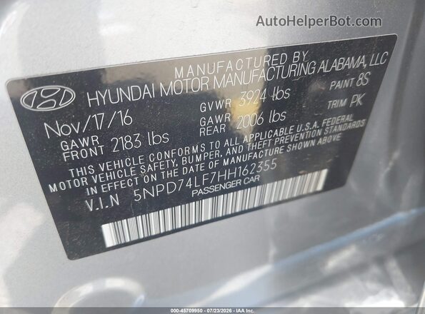 5NPD74LF7HH162355 2017 HYUNDAI ELANTRA Silver Շարժիչի բաժամունքի տեսք