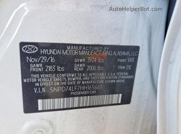 5NPD74LF7HH165661 2017 HYUNDAI ELANTRA White ძრავის განყოფილების ხედი