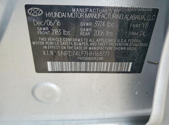 5NPD74LF7HH168771 2017 HYUNDAI ELANTRA Silver VIN კოდის სტიკერის ხედი
