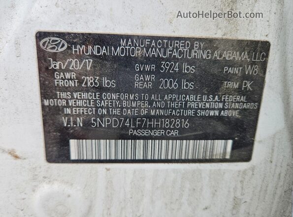 5NPD74LF7HH182816 2017 HYUNDAI ELANTRA White ძრავის განყოფილების ხედი