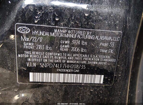 5NPD74LF7HH208735 2017 HYUNDAI ELANTRA Черный Вид подкапотного пространства