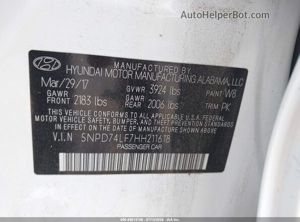 5NPD74LF7HH211618 2017 HYUNDAI ELANTRA White Vista del compartimento del motor