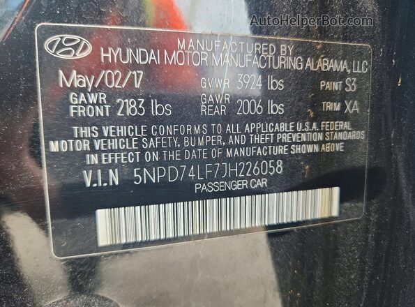 5NPD74LF7JH226058 2018 HYUNDAI ELANTRA Black ძრავის განყოფილების ხედი