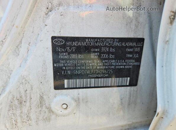 5NPD74LF7JH296725 2018 HYUNDAI ELANTRA White Widok komory silnika
