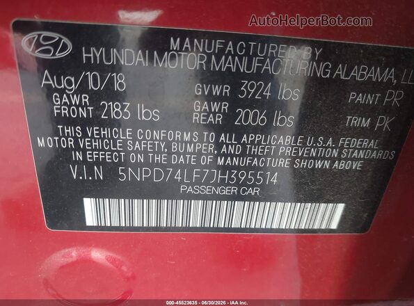 5NPD74LF7JH395514 2018 HYUNDAI ELANTRA Red Շարժիչի բաժամունքի տեսք