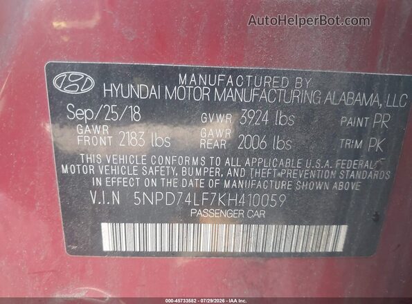 5NPD74LF7KH410059 2019 HYUNDAI ELANTRA Red Вид підкапотного простору