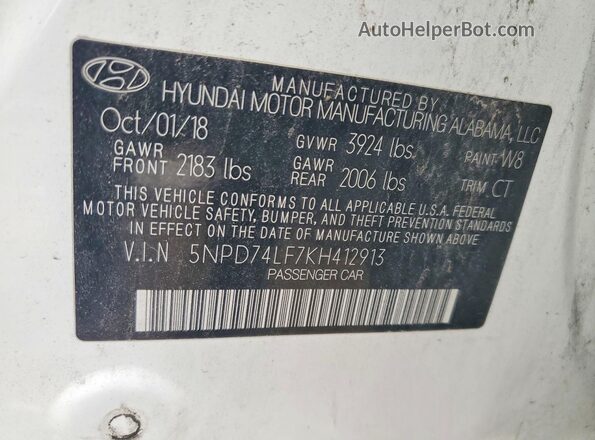 5NPD74LF7KH412913 2019 HYUNDAI ELANTRA White Widok komory silnika