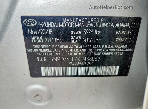 5NPD74LF7KH438069 2019 HYUNDAI ELANTRA Silver Շարժիչի բաժամունքի տեսք