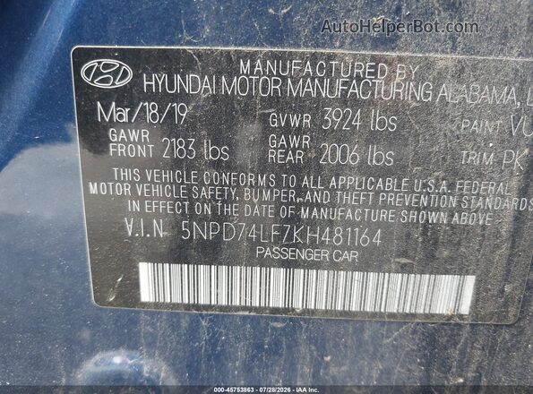 5NPD74LF7KH481164 2019 HYUNDAI ELANTRA Blue Engine compartment view