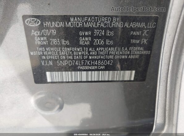 5NPD74LF7KH486042 2019 HYUNDAI ELANTRA Gray Widok komory silnika