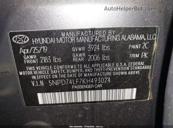 5NPD74LF7KH493024 2019 HYUNDAI ELANTRA Gray Vista del compartimento del motor