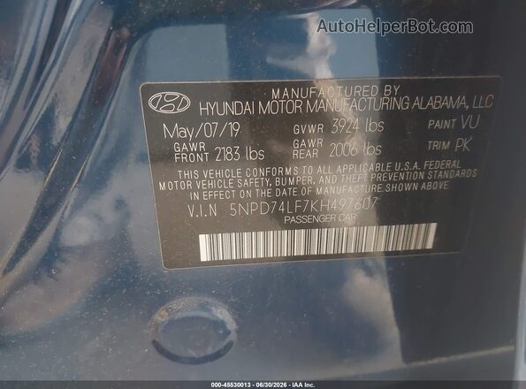 5NPD74LF7KH497607 2019 HYUNDAI ELANTRA Blue Вид підкапотного простору