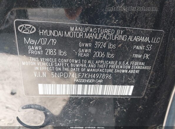 5NPD74LF7KH497896 2019 HYUNDAI ELANTRA Черный Вид подкапотного пространства