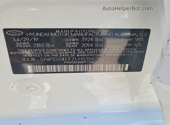 5NPD74LF7LH515671 2020 HYUNDAI ELANTRA White ძრავის განყოფილების ხედი