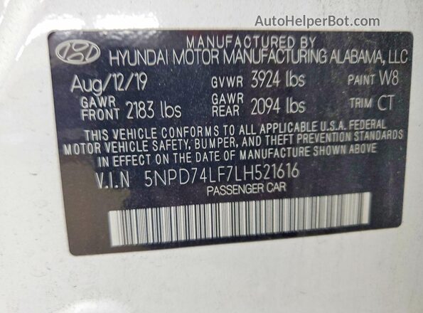 5NPD74LF7LH521616 2020 HYUNDAI ELANTRA White Vista del compartimento del motor