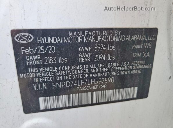 5NPD74LF7LH592590 2020 HYUNDAI ELANTRA White Vista del compartimento del motor