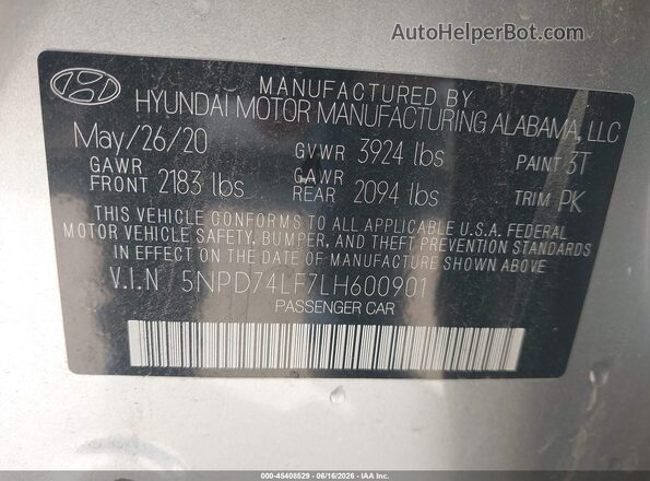 5NPD74LF7LH600901 2020 HYUNDAI ELANTRA Silver Vista del compartimento del motor